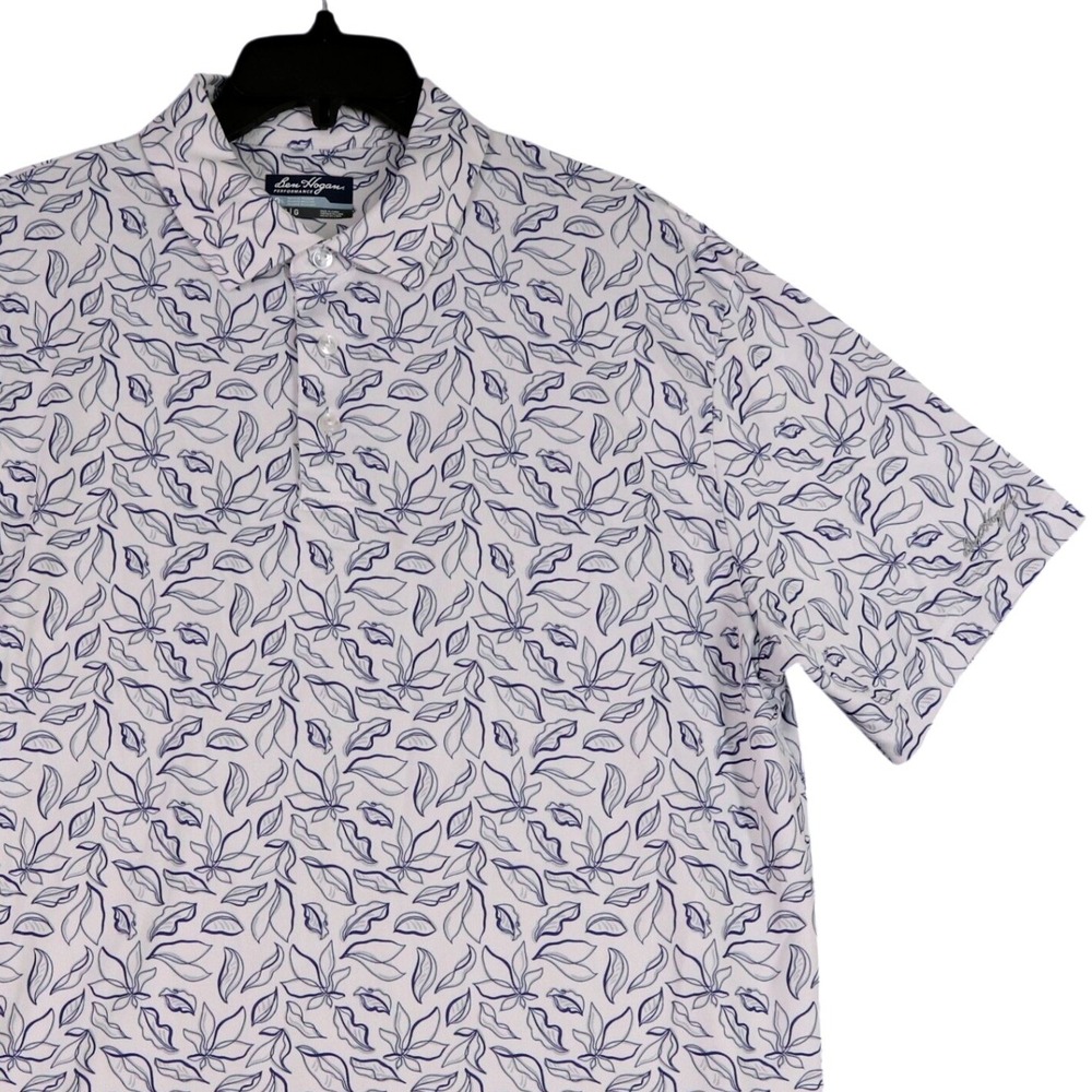 Ben Hogan Performance Golf Polo Mens L Blue Leaf Print Stretch Moisture Wicking